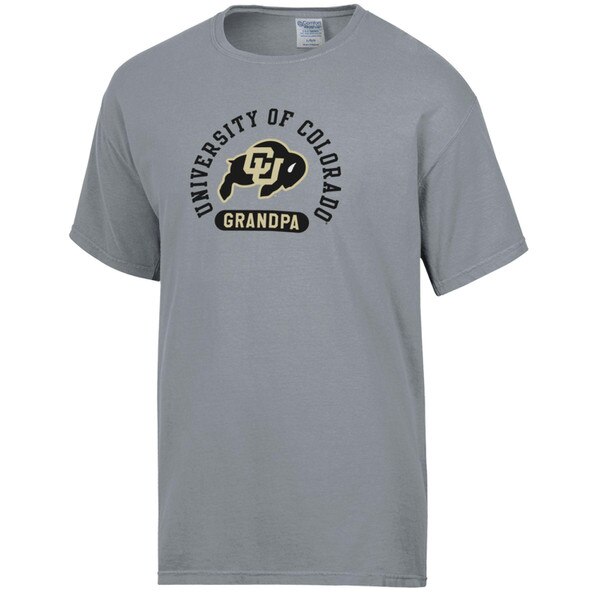 A medium gray, short-sleeve, men's fit t-shirt by ComfortWash. Features the words "University of Colorado" arched over the Buffalo logo and with "Grandpa" underneath on the front of the shirt.